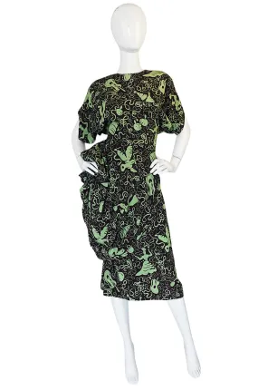 1940s Green & Chocolate Music Print Novelty Swing Dress