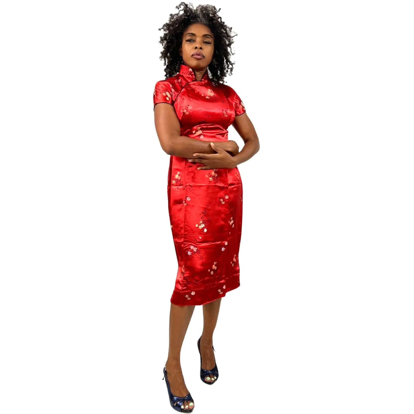 1950s Vintage Qipao Red satin damask cheongsam Wiggle Dress XS/S Never Worn