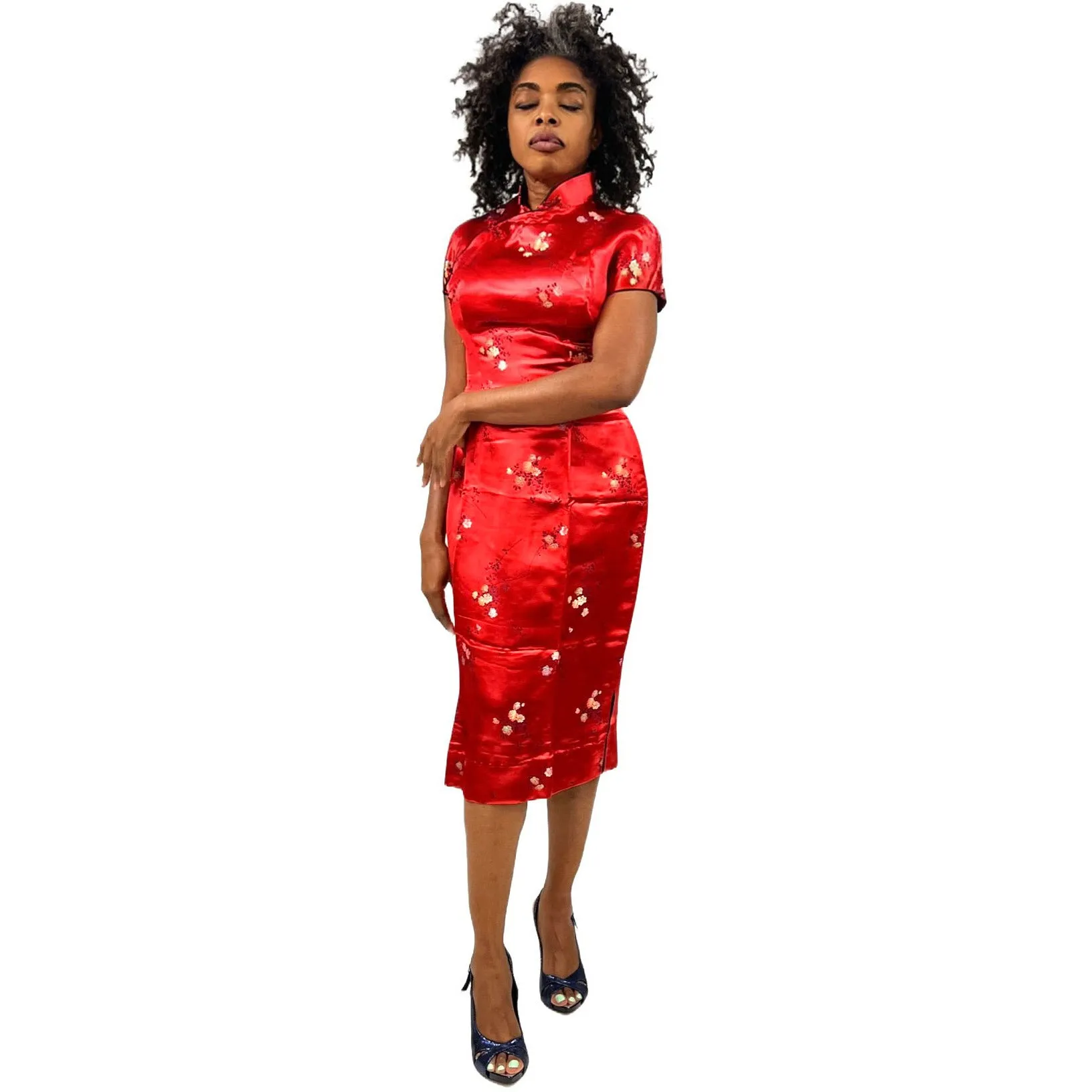 1950s Vintage Qipao Red satin damask cheongsam Wiggle Dress XS/S Never Worn