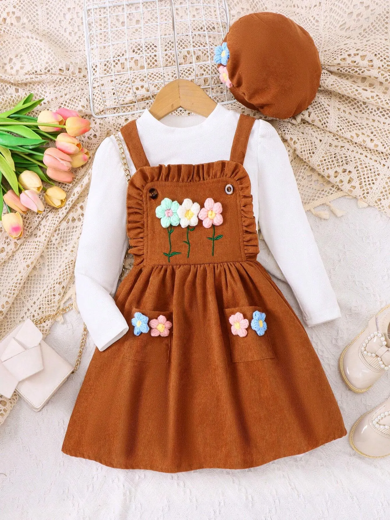 2pcs/Set Girls Young Girl Casual Elegant Cute 3D Floral Hooded Top And Outfit Set