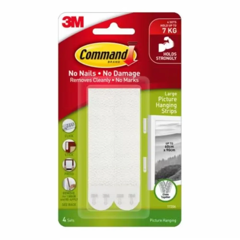 3M Command Large Picture Hanging Strips (White) 4 Sets of Strips/1.8 Kg per Set