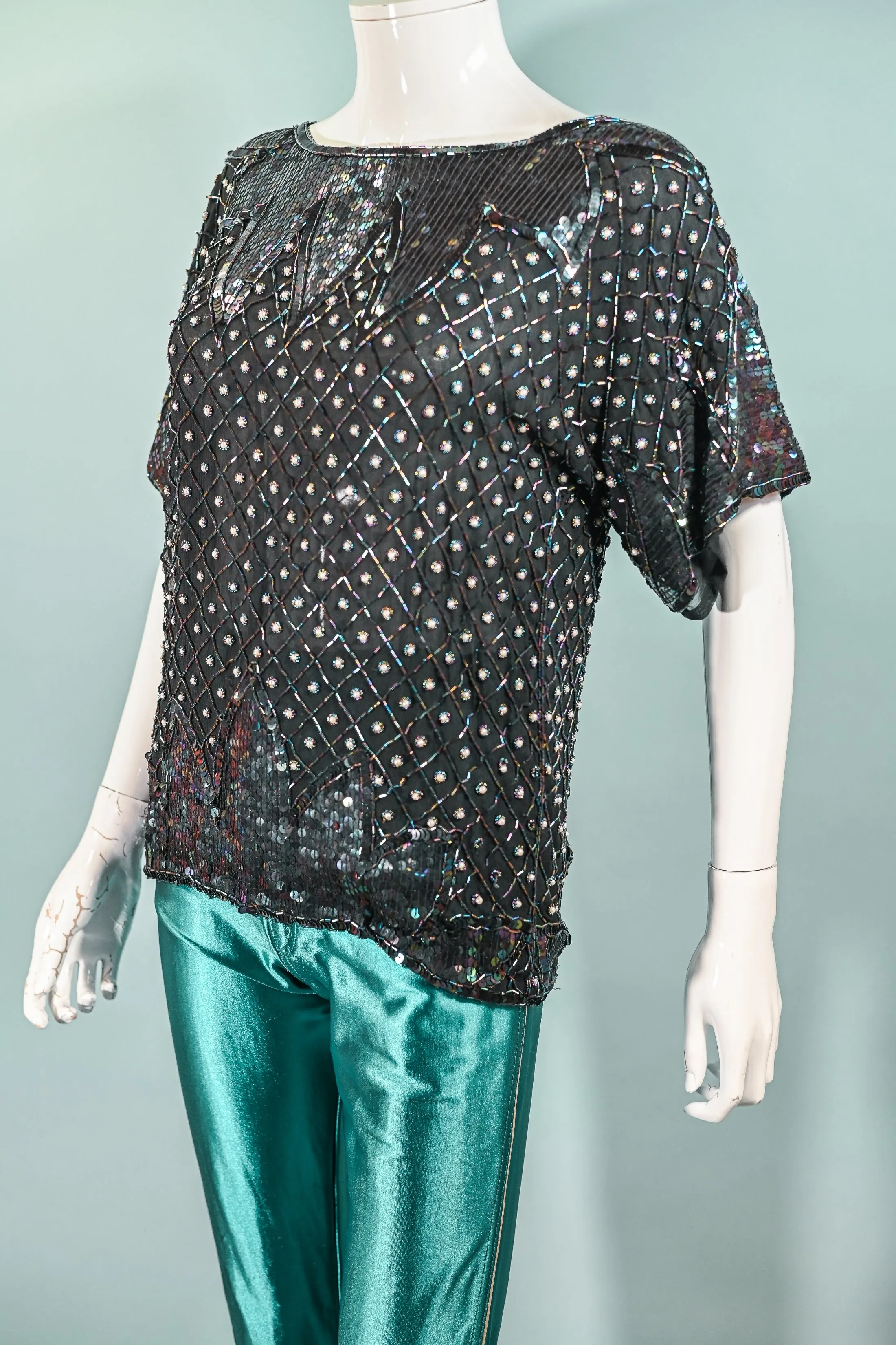 70s Black Silk Beaded/Sequin Top, Relaxed Fit Party Top S