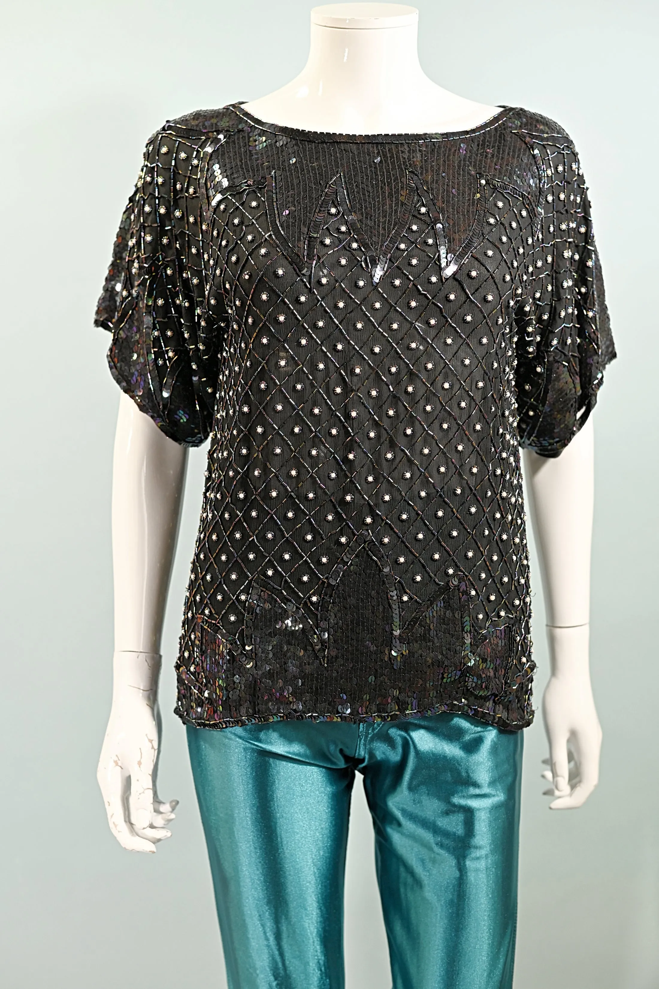 70s Black Silk Beaded/Sequin Top, Relaxed Fit Party Top S