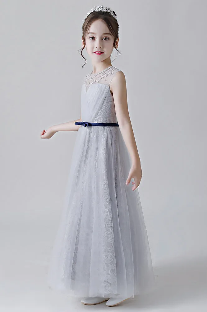 A-Line Grey Sleeveless Tulle Flower Girl Dress With Beading