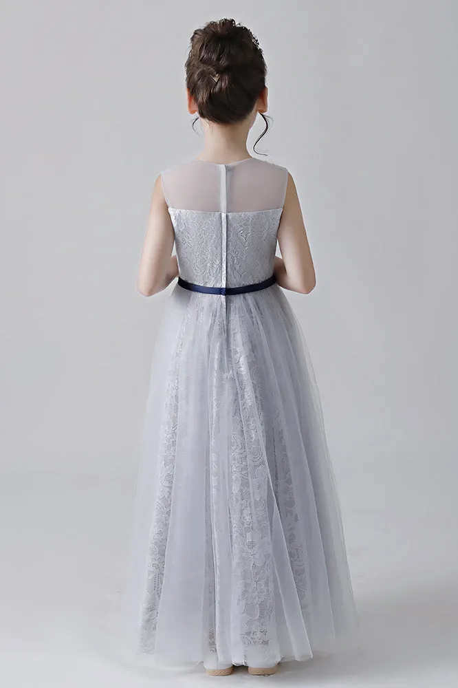 A-Line Grey Sleeveless Tulle Flower Girl Dress With Beading