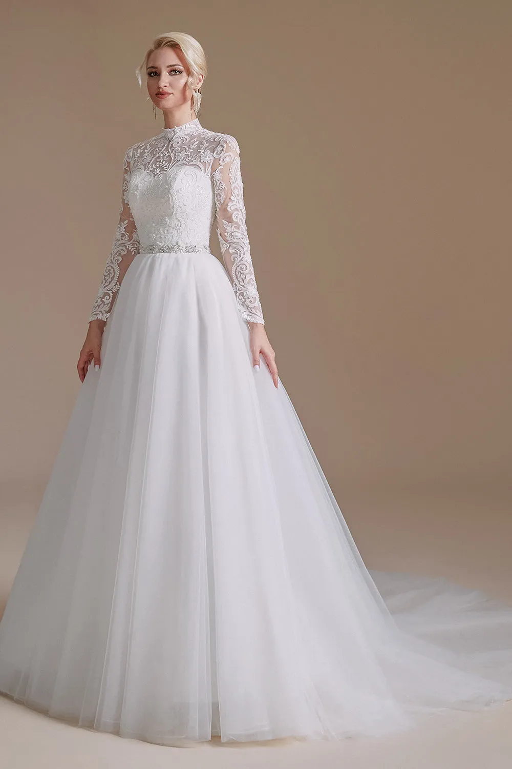 A-Line Lace Appliques Long Sleeve Tulle Chapel Train Wedding Dress