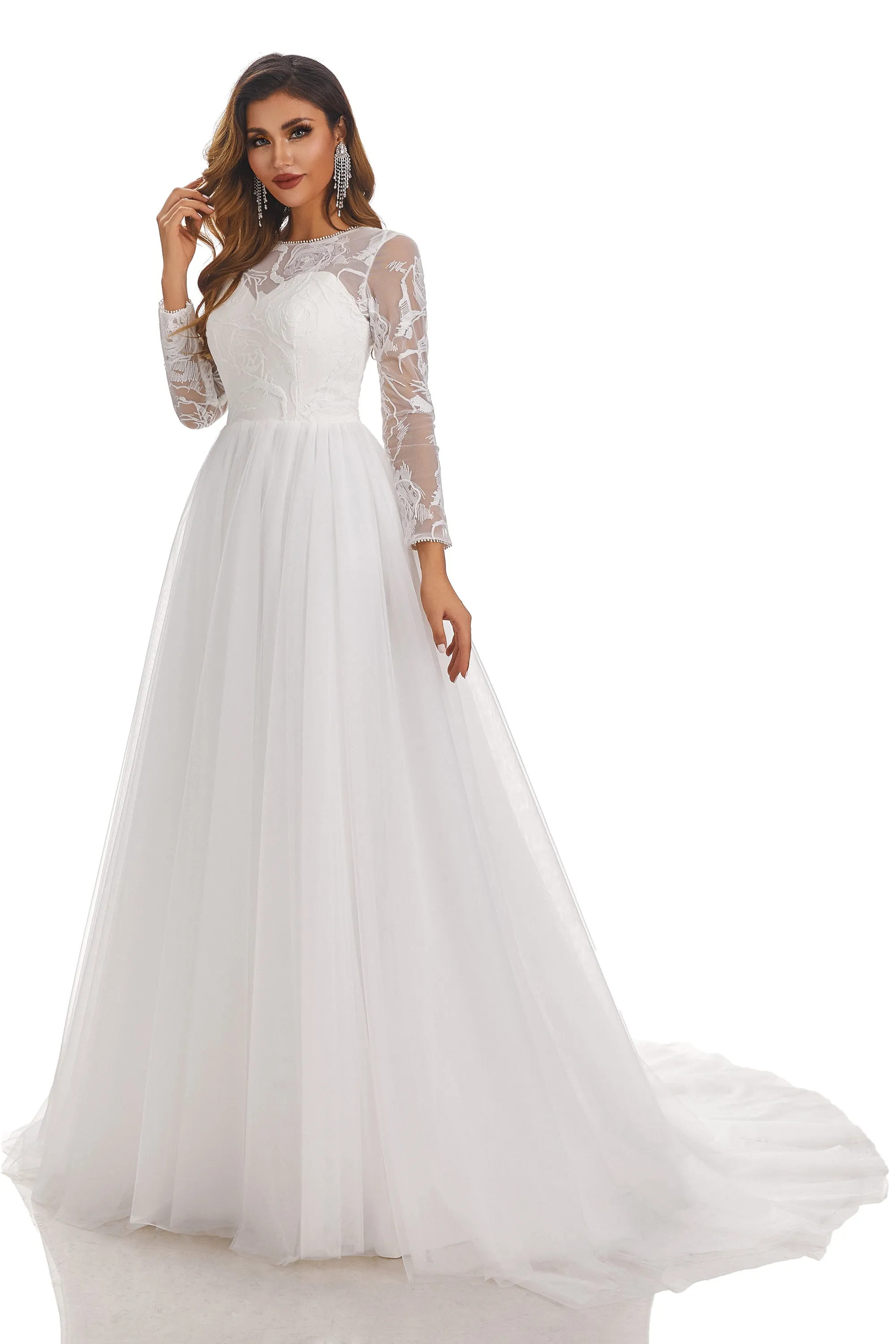 A-Line Round Neck Long Sleeves Tulle Wedding Dress With Lace Appliques