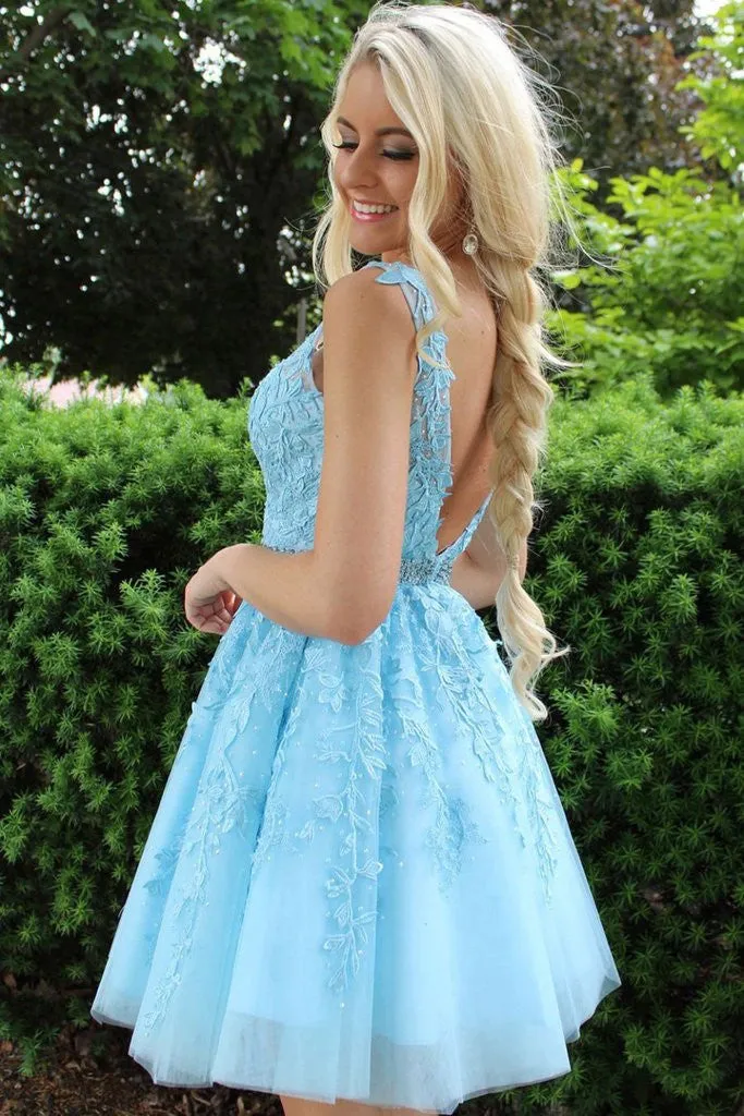 A-line V Neck Lace Appliques Short Prom Dresses Ice Blue Homecoming Dress OM223