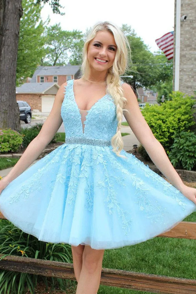 A-line V Neck Lace Appliques Short Prom Dresses Ice Blue Homecoming Dress OM223