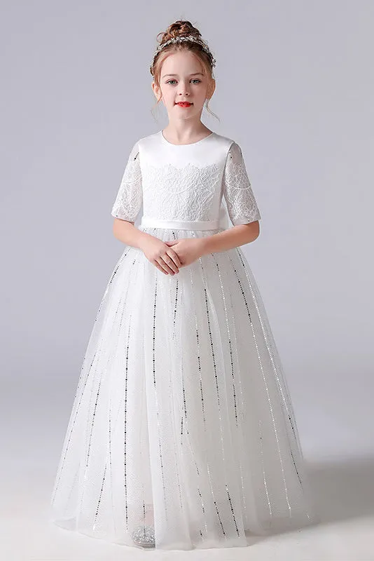 A-Line White Half Sleeves Tulle Princess Flower Girl Dress With Bow Belt