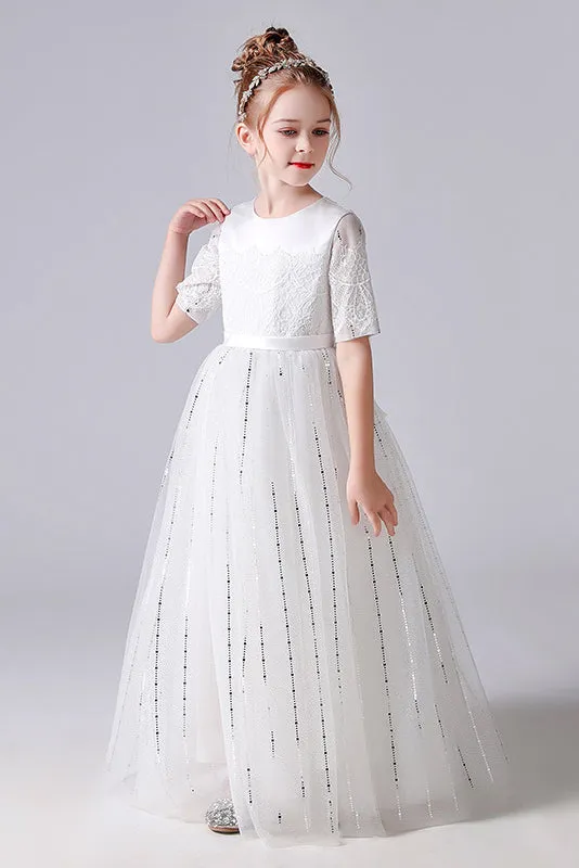 A-Line White Half Sleeves Tulle Princess Flower Girl Dress With Bow Belt