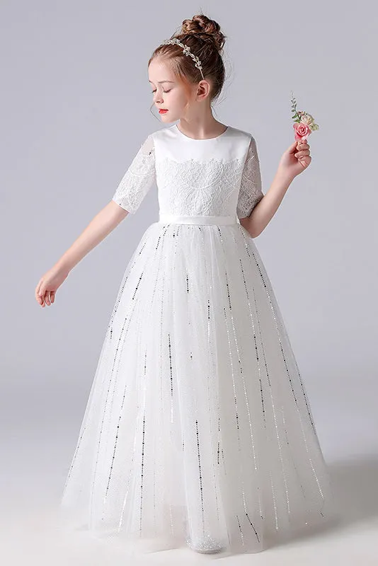 A-Line White Half Sleeves Tulle Princess Flower Girl Dress With Bow Belt