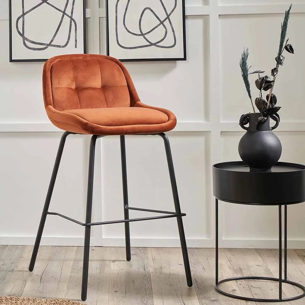 Alba Cinnamon Velvet and Black Metal Bar Stool