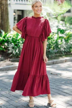 All The Good Burgundy Red Ruffled Midi Dress