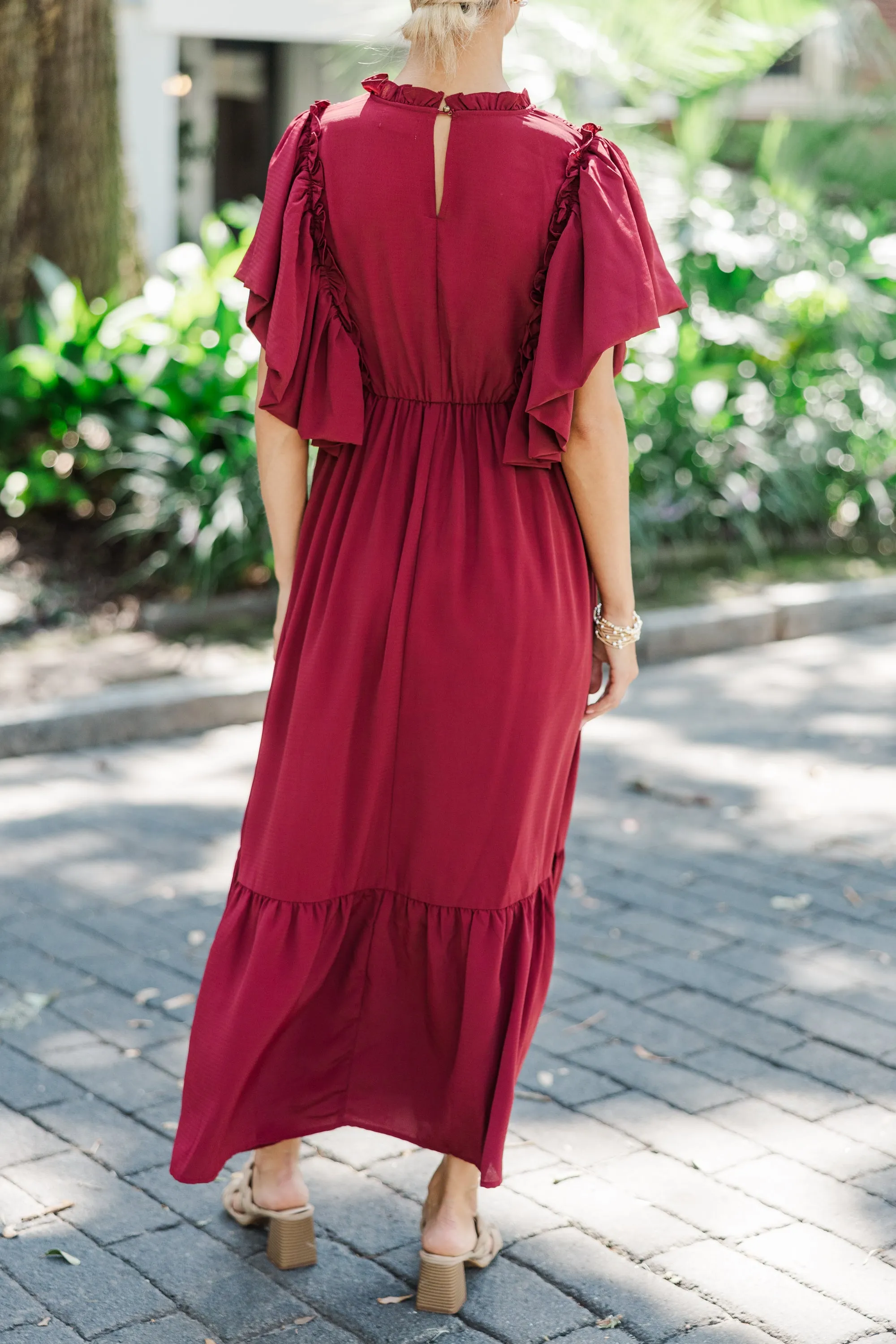 All The Good Burgundy Red Ruffled Midi Dress