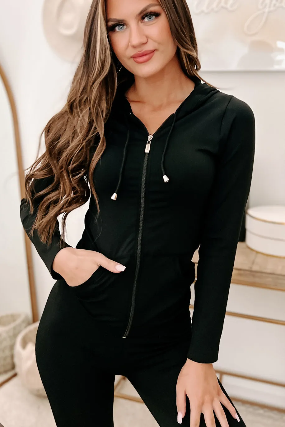 Always On The Go Zip-Up Hoodie & Leggings Set (Black)