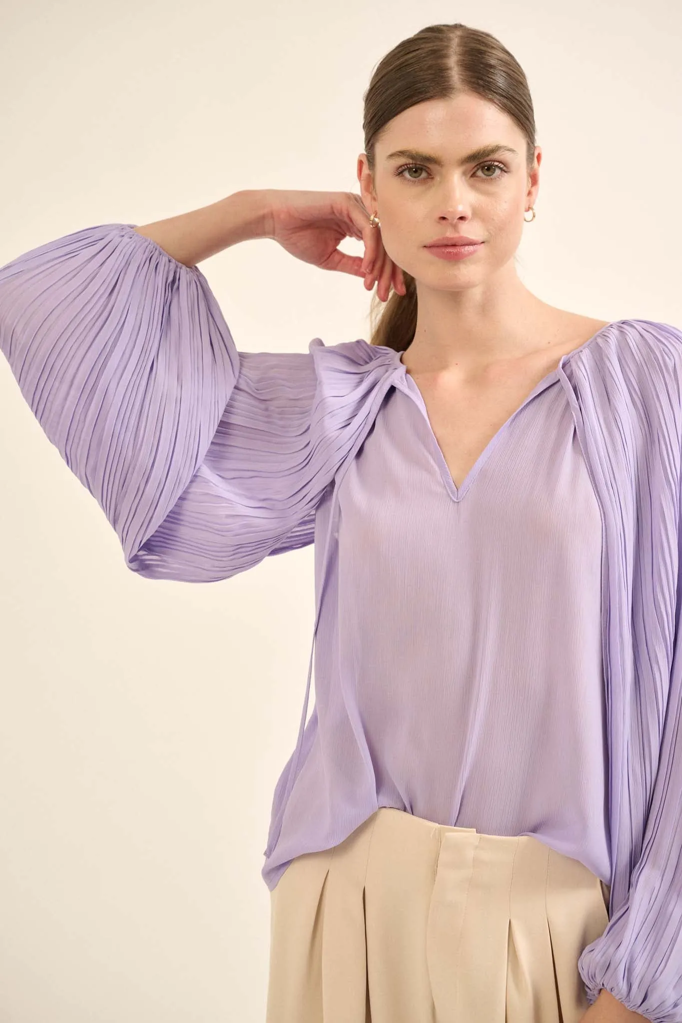 Angelic Heart Pleated Balloon-Sleeve Chiffon Top