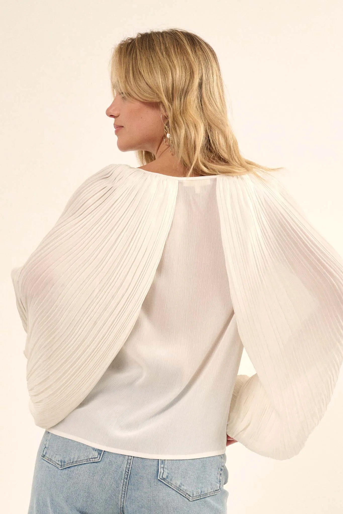 Angelic Heart Pleated Balloon-Sleeve Chiffon Top