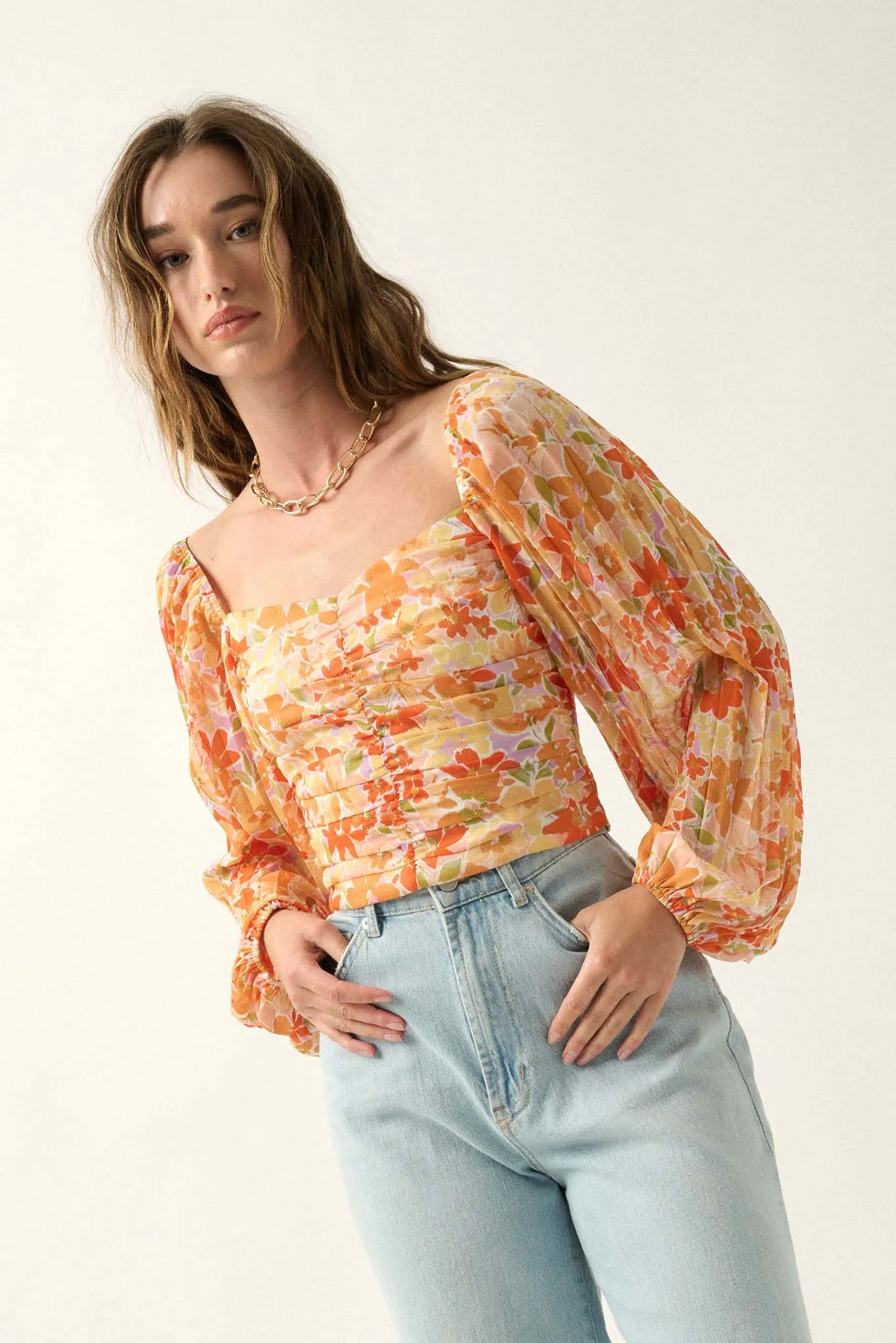 Apricot Kiss Ruched Floral Chiffon Pleated-Sleeve Top