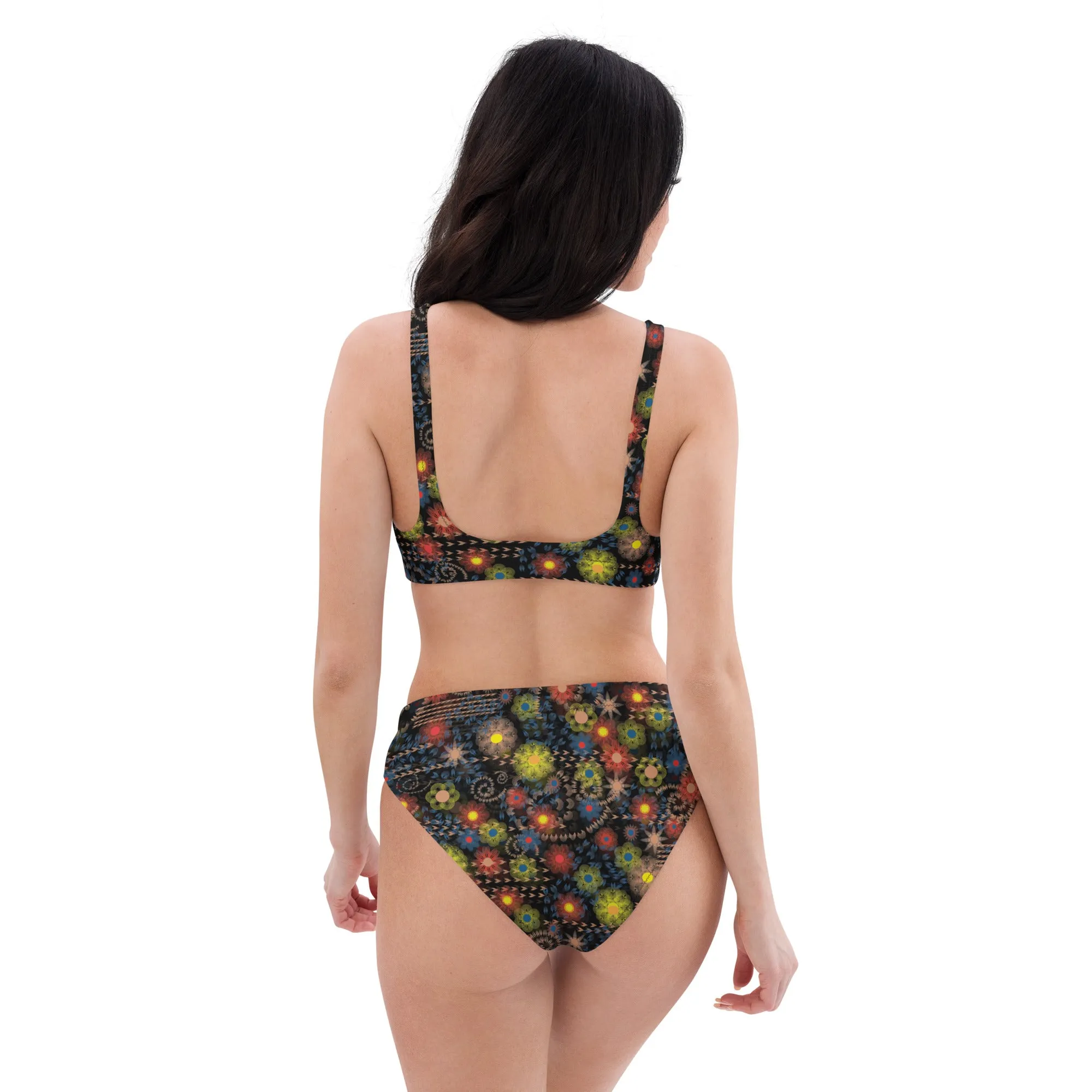 Arc Series- Black Floral Recycled high-waisted bikini, Size XS-3XL