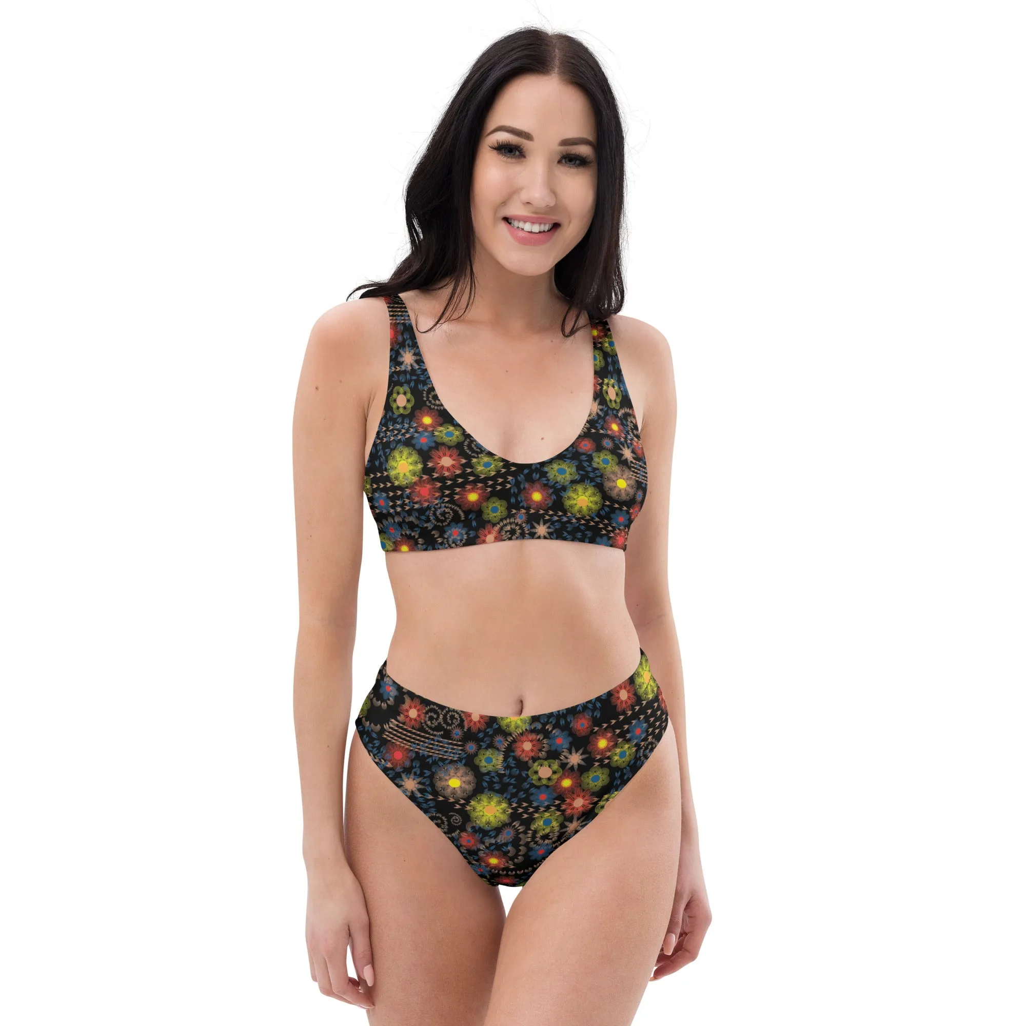 Arc Series- Black Floral Recycled high-waisted bikini, Size XS-3XL