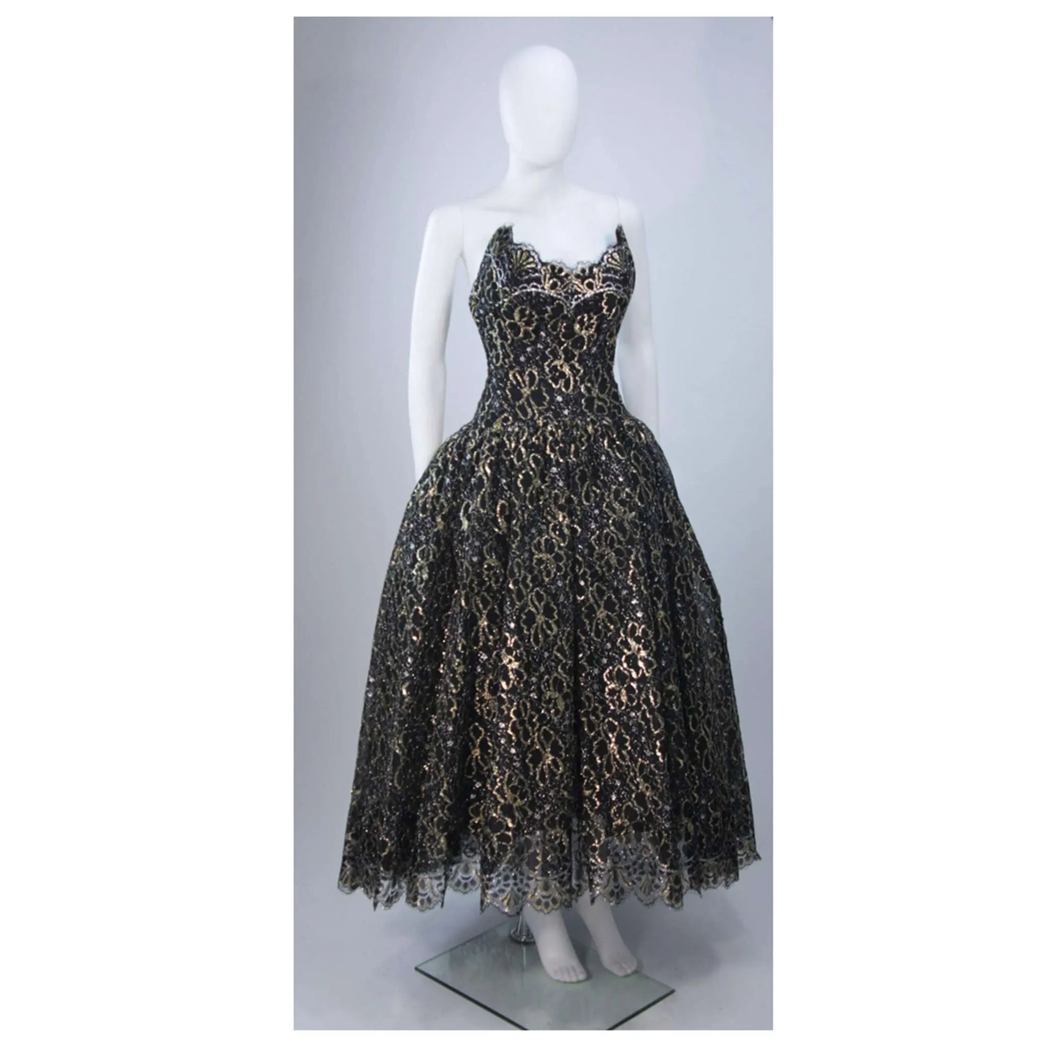 ARNOLD SCAASI Black and Gold Floral Lace Gown Size 4-6