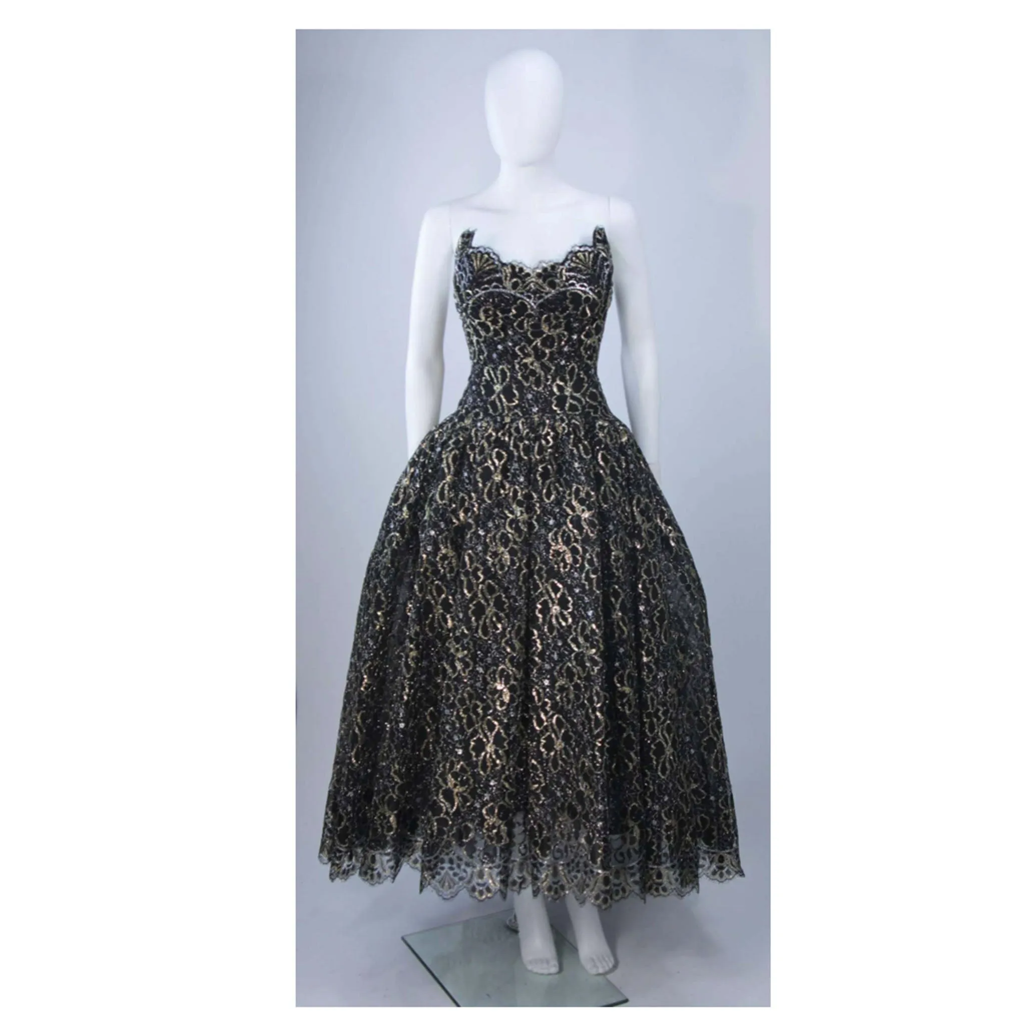 ARNOLD SCAASI Black and Gold Floral Lace Gown Size 4-6