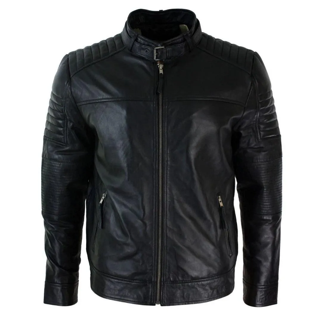 Aviatrix Mens Genuine Real Leather Black Biker Jacket Retro Vintage Tailored Fit