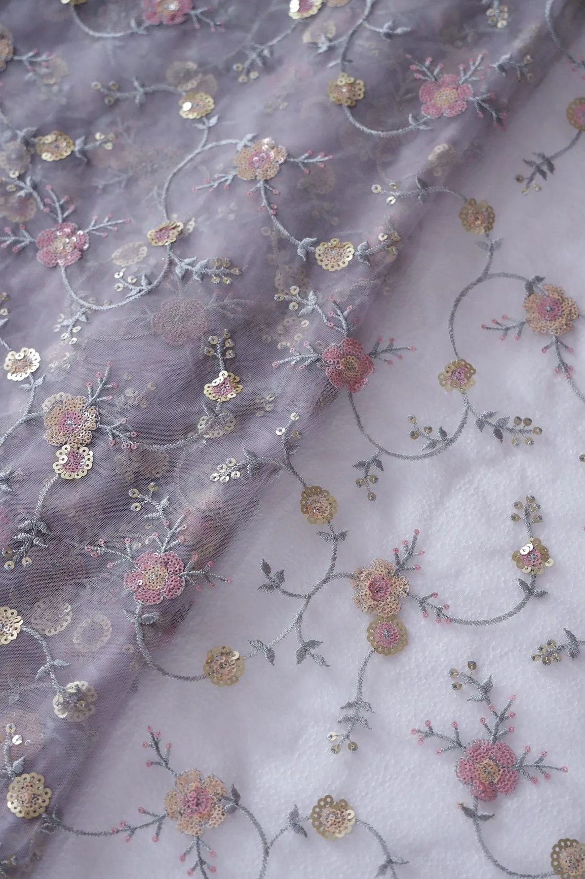 Beautiful Multi Color Sequins Floral Embroidery Work On Lavender Soft Net Fabric