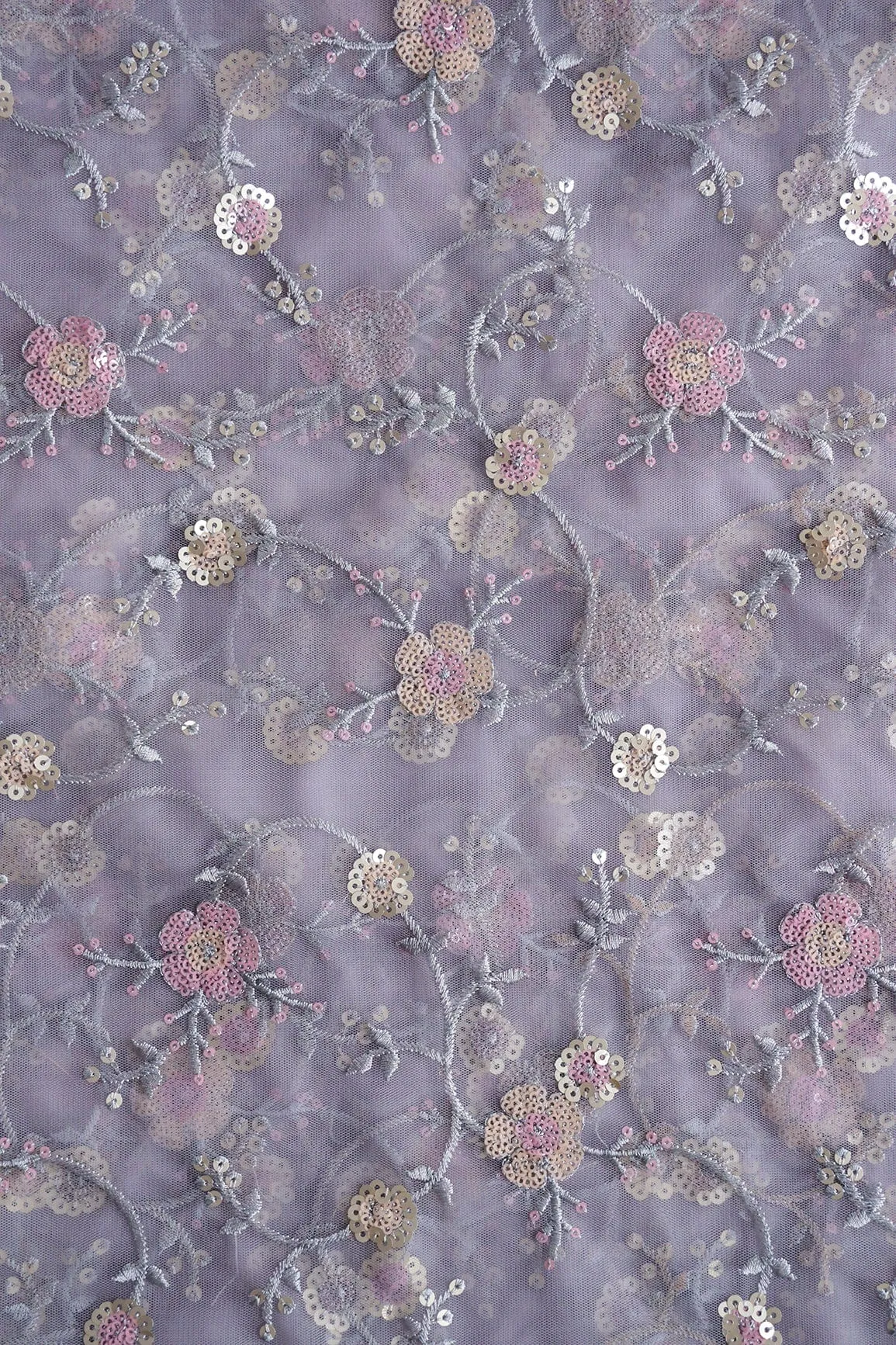 Beautiful Multi Color Sequins Floral Embroidery Work On Lavender Soft Net Fabric