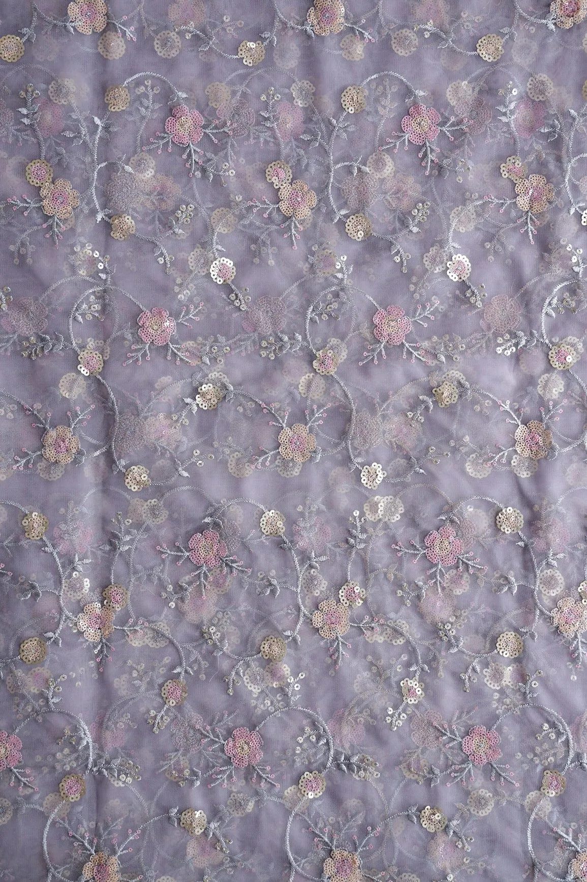 Beautiful Multi Color Sequins Floral Embroidery Work On Lavender Soft Net Fabric