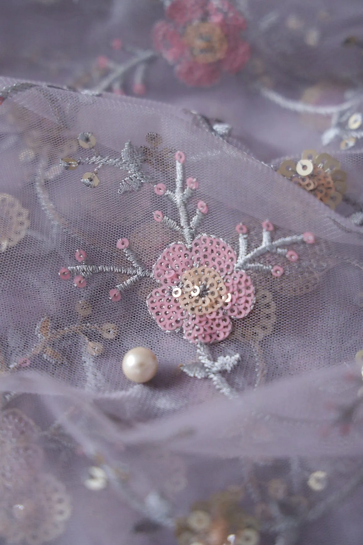 Beautiful Multi Color Sequins Floral Embroidery Work On Lavender Soft Net Fabric