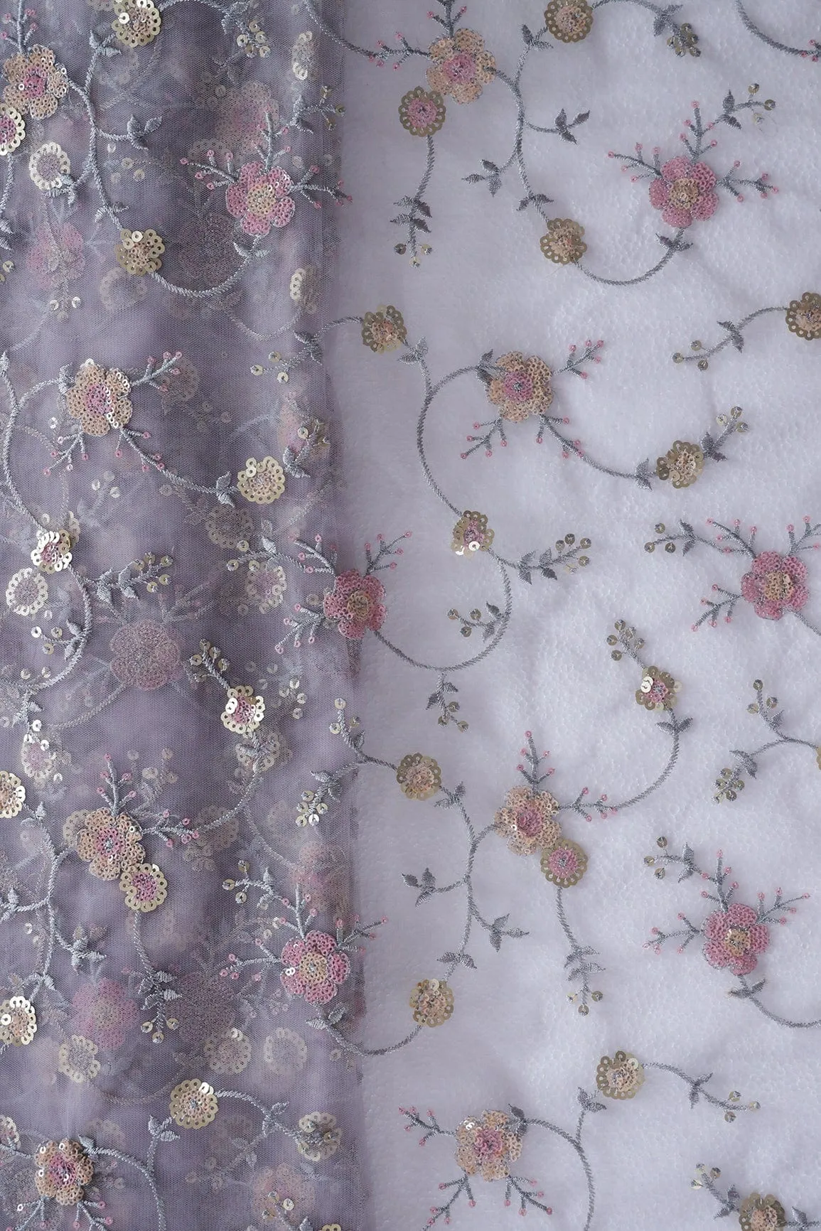 Beautiful Multi Color Sequins Floral Embroidery Work On Lavender Soft Net Fabric