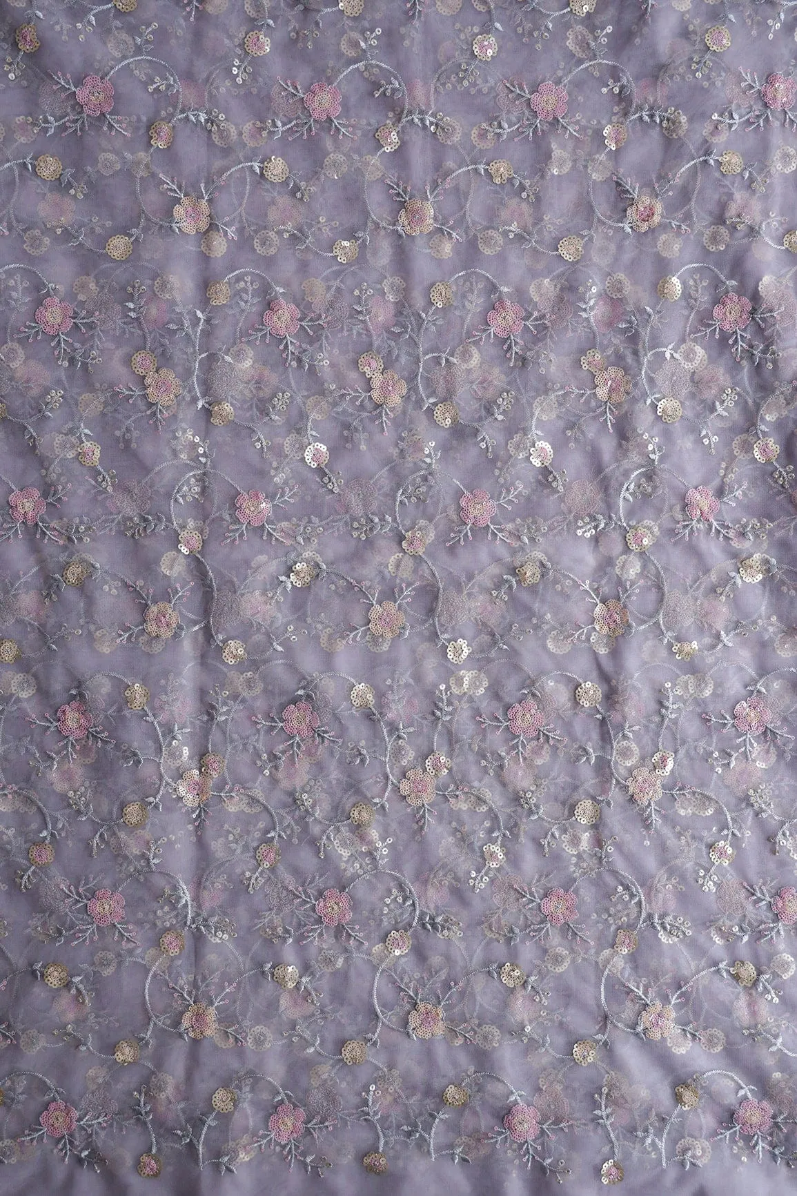 Beautiful Multi Color Sequins Floral Embroidery Work On Lavender Soft Net Fabric