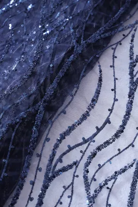 Beautiful Sequins With Blue Thread Wavy Embroidery Work On Navy Blue Soft Net Fabric