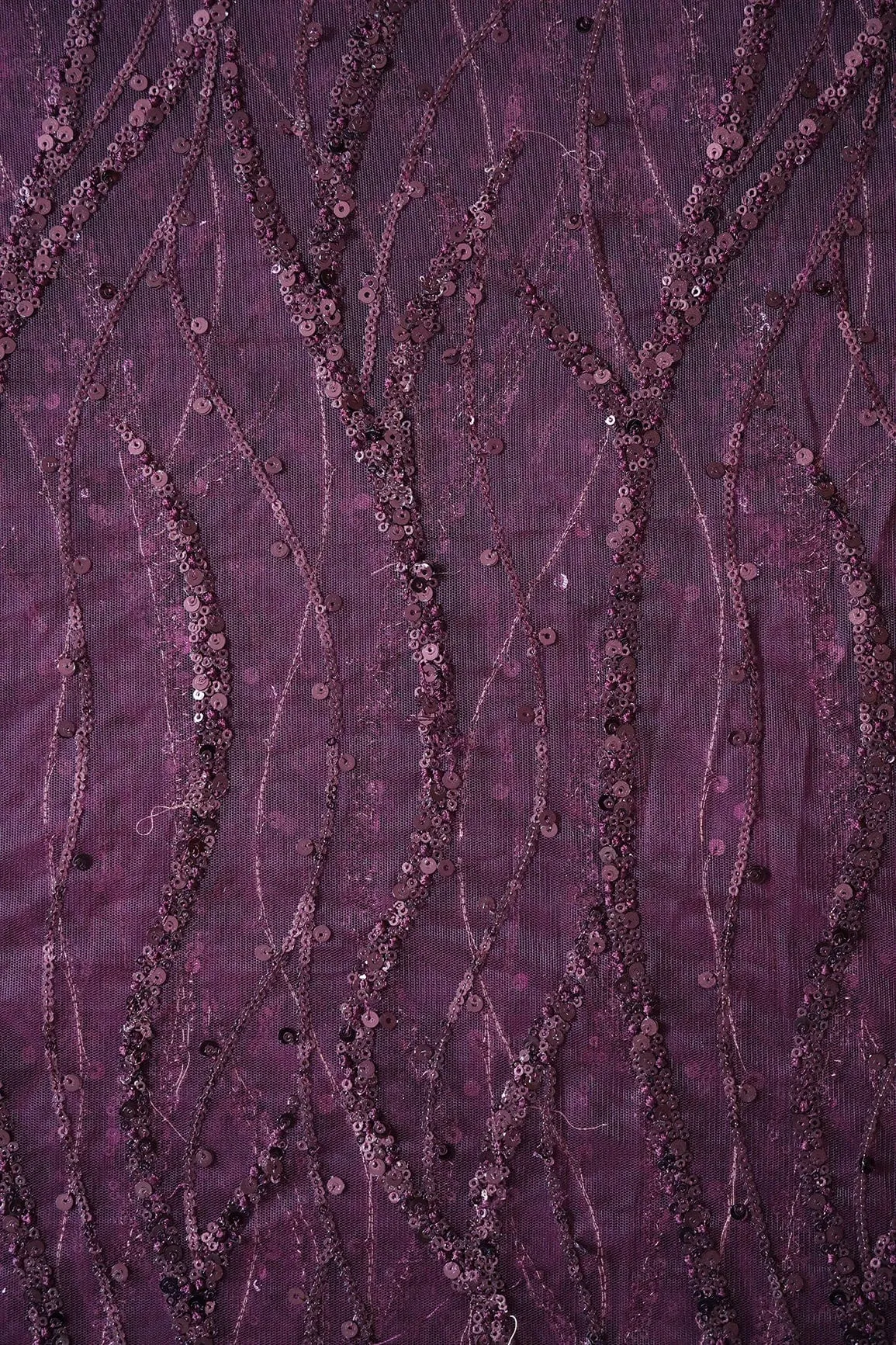 Beautiful Sequins With Wine Thread Wavy Embroidery Work On Wine Soft Net Fabric