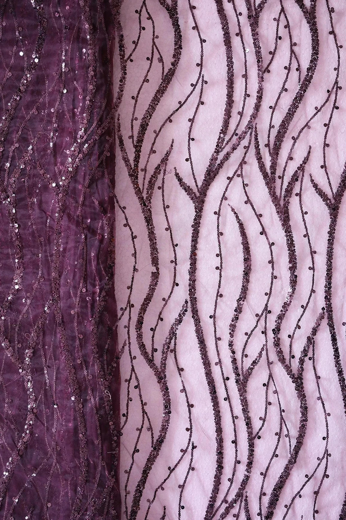 Beautiful Sequins With Wine Thread Wavy Embroidery Work On Wine Soft Net Fabric