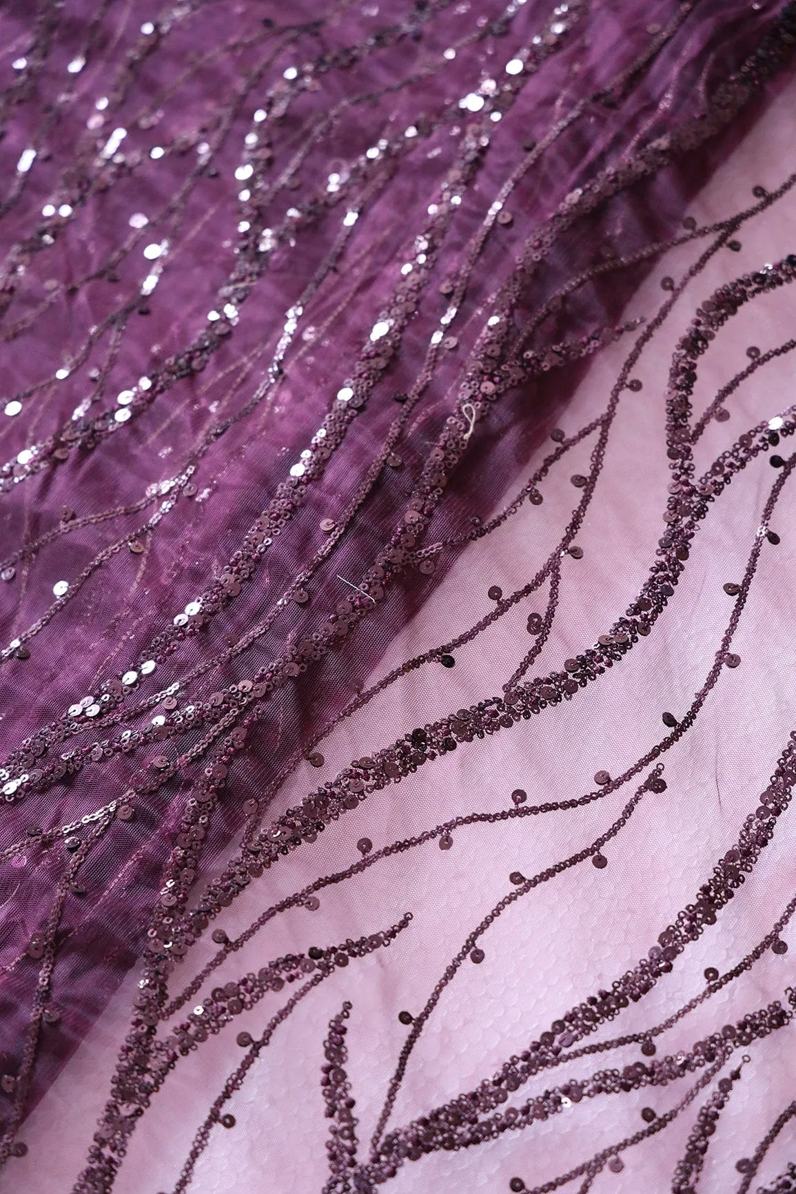 Beautiful Sequins With Wine Thread Wavy Embroidery Work On Wine Soft Net Fabric