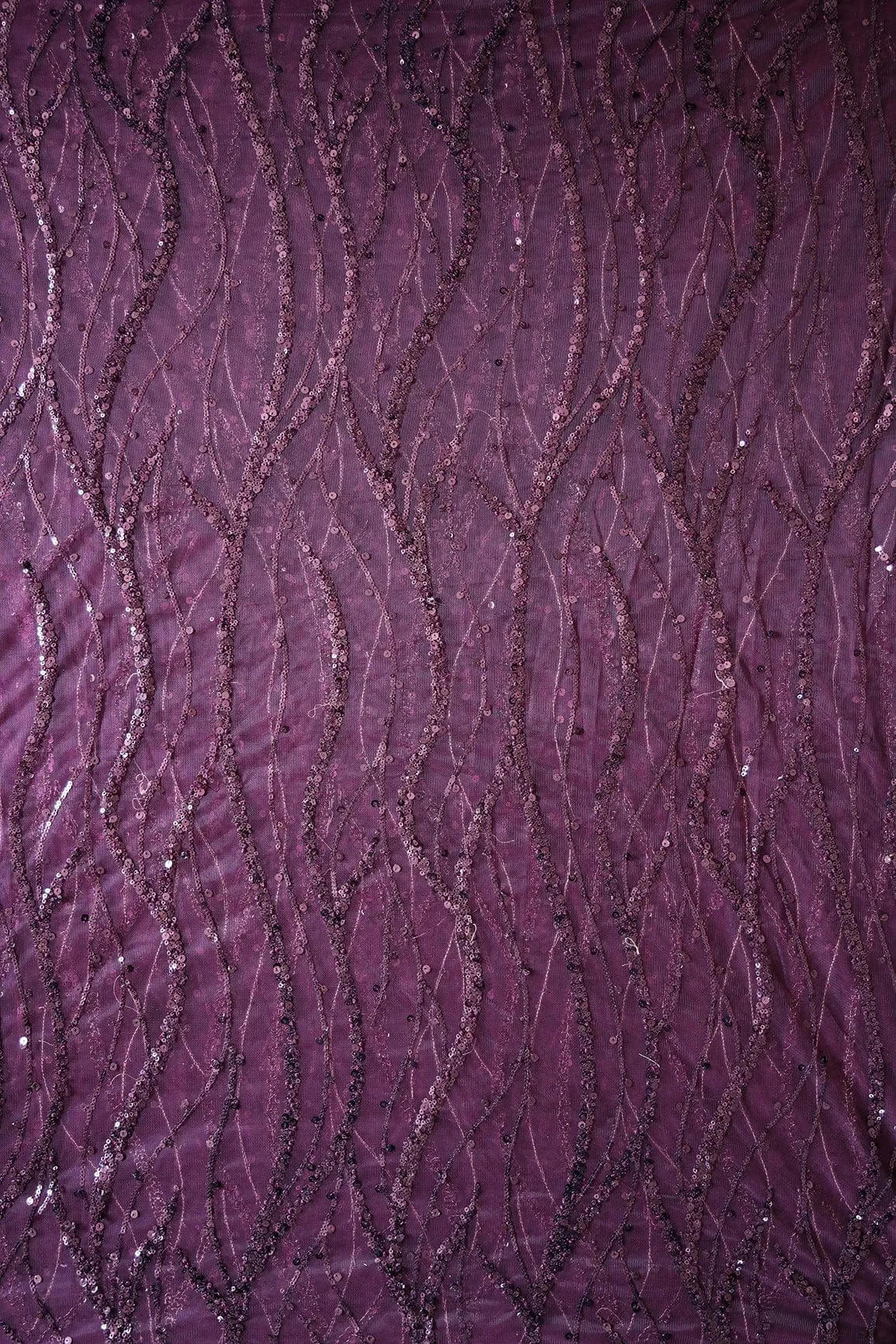 Beautiful Sequins With Wine Thread Wavy Embroidery Work On Wine Soft Net Fabric