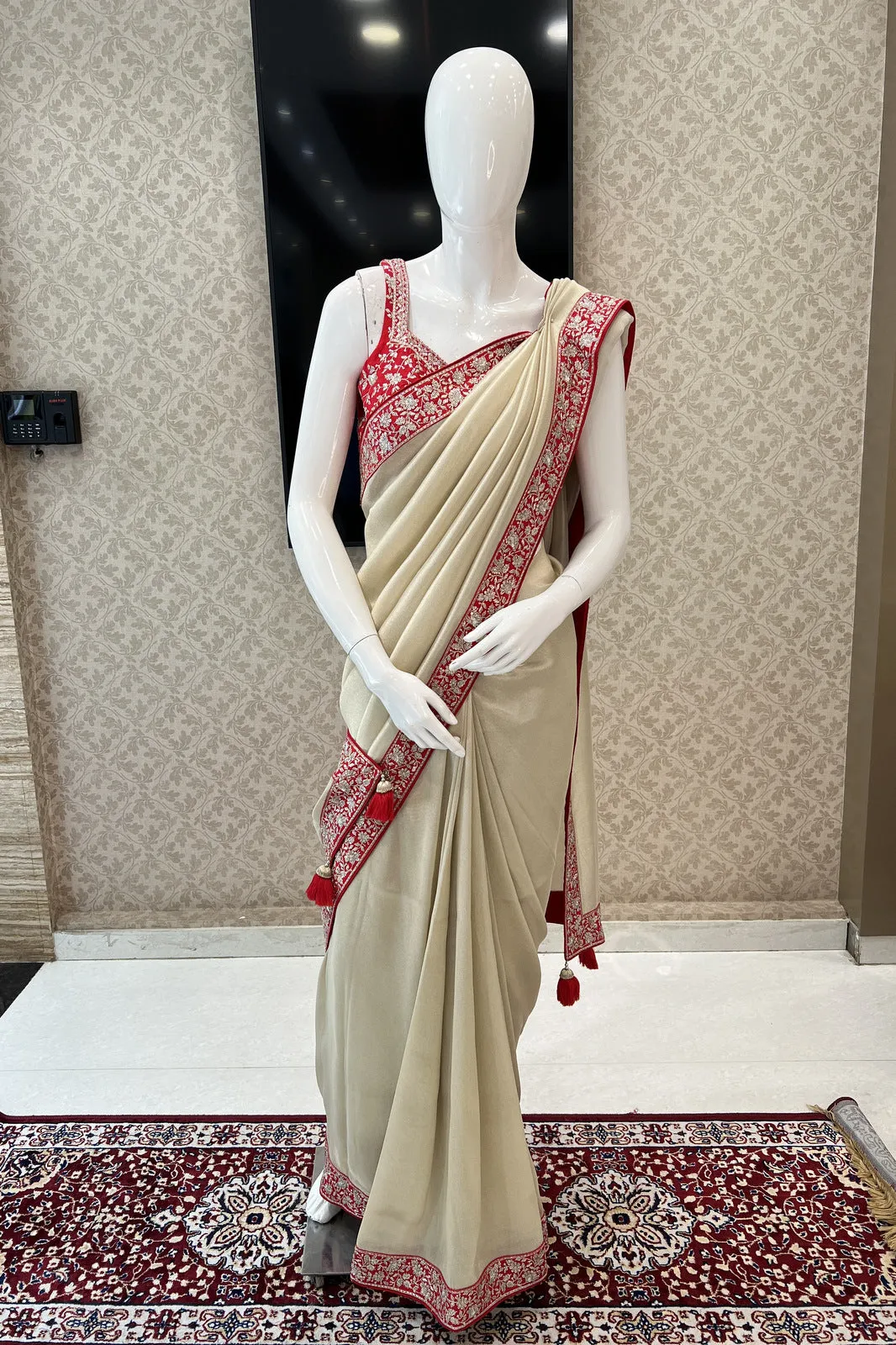 Beige with Red Sequins and Zari work Saree