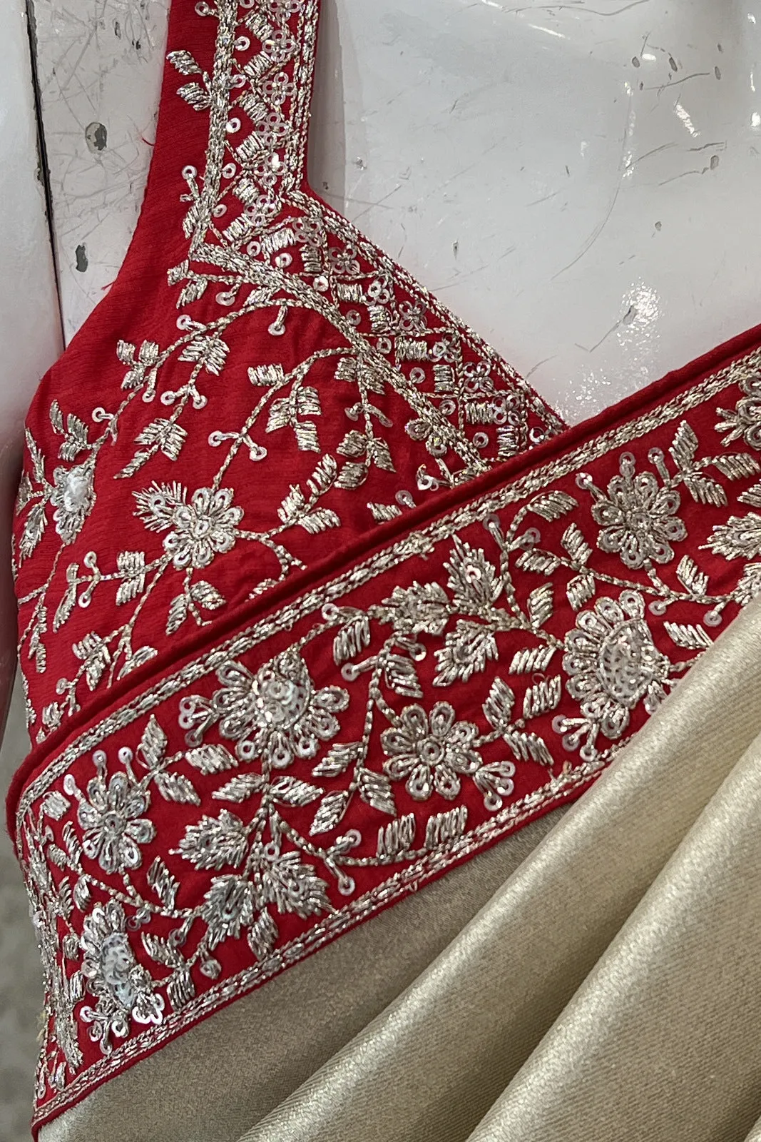 Beige with Red Sequins and Zari work Saree