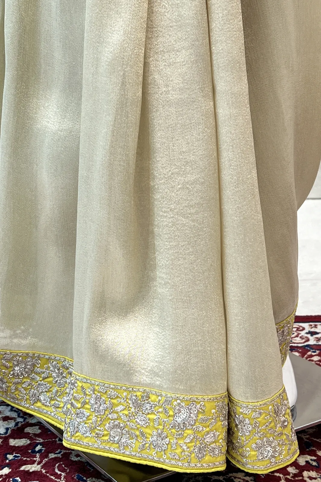 Beige with Yellow Sequins and Zari work Saree