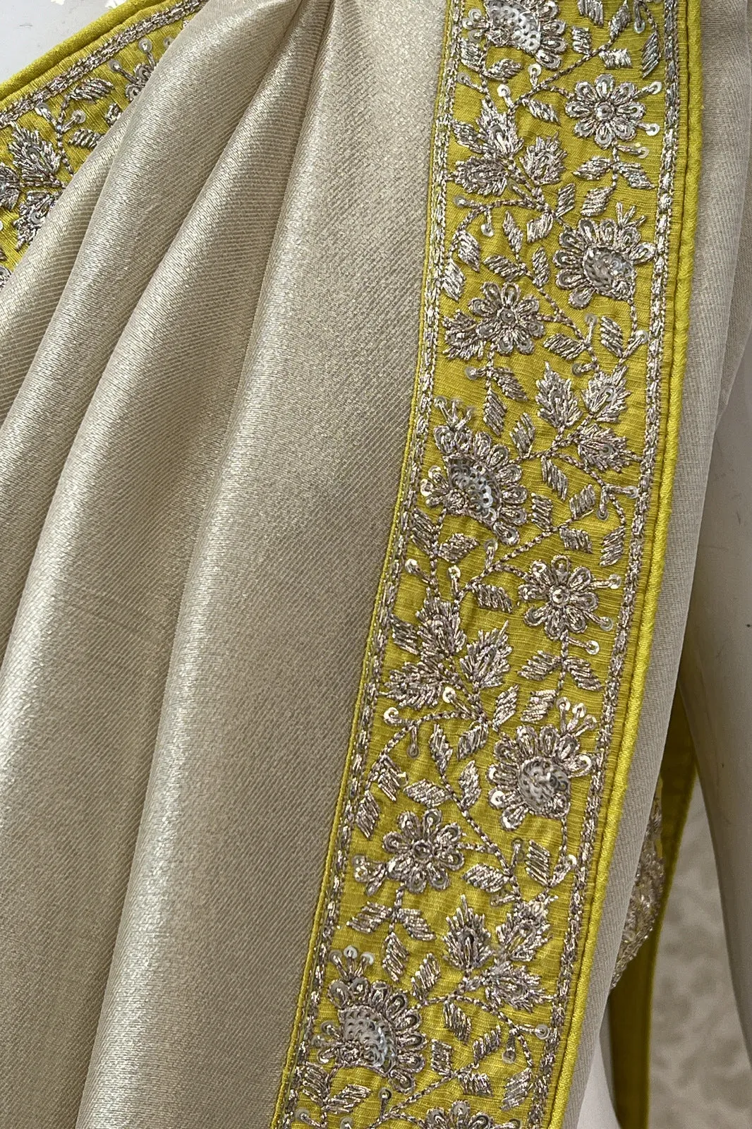 Beige with Yellow Sequins and Zari work Saree