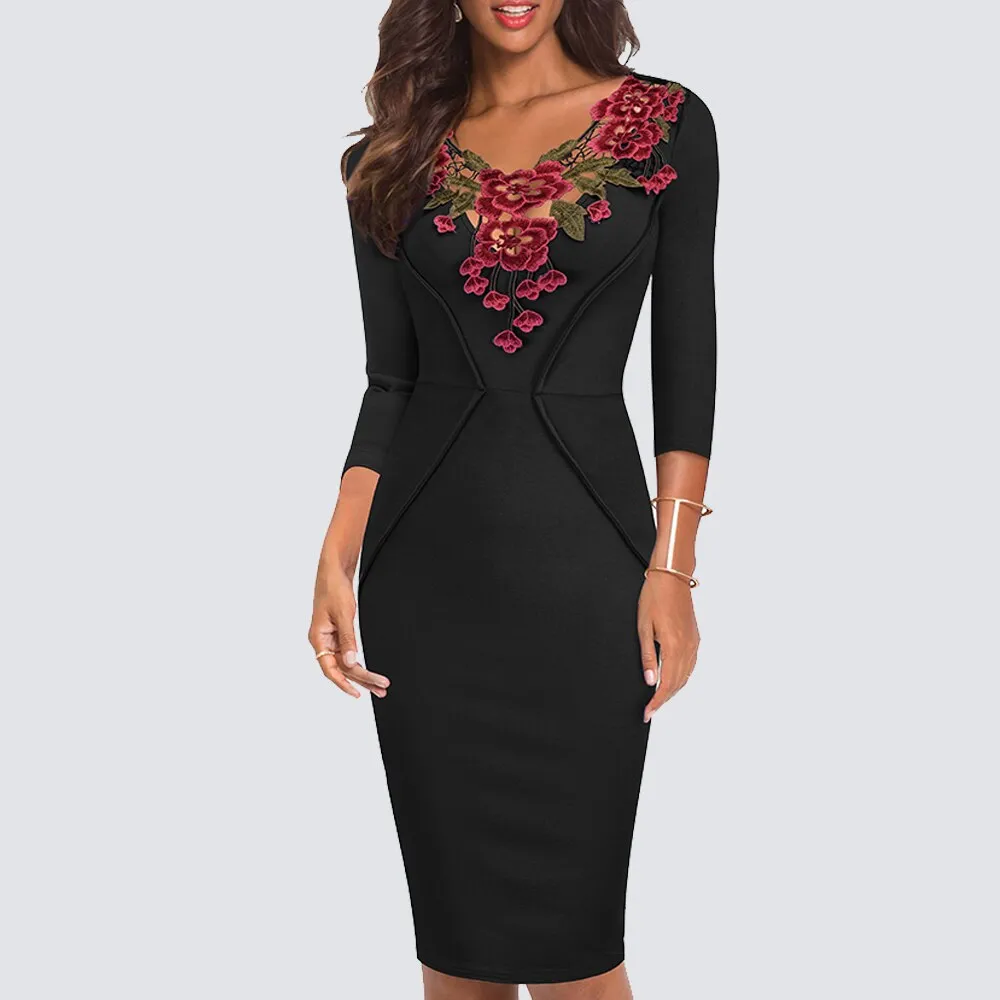 BerriesJam - 3/4 Sleeve Applique Slim Fitted Knee Length Pencil Dress