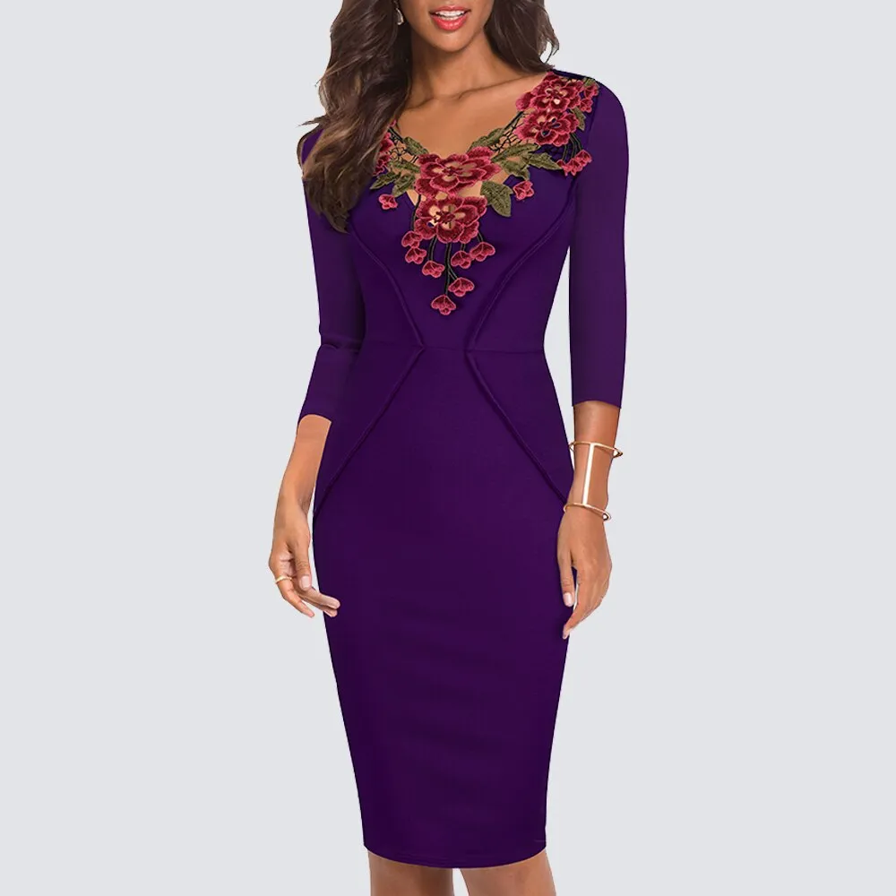 BerriesJam - 3/4 Sleeve Applique Slim Fitted Knee Length Pencil Dress