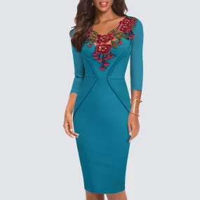 BerriesJam - 3/4 Sleeve Applique Slim Fitted Knee Length Pencil Dress