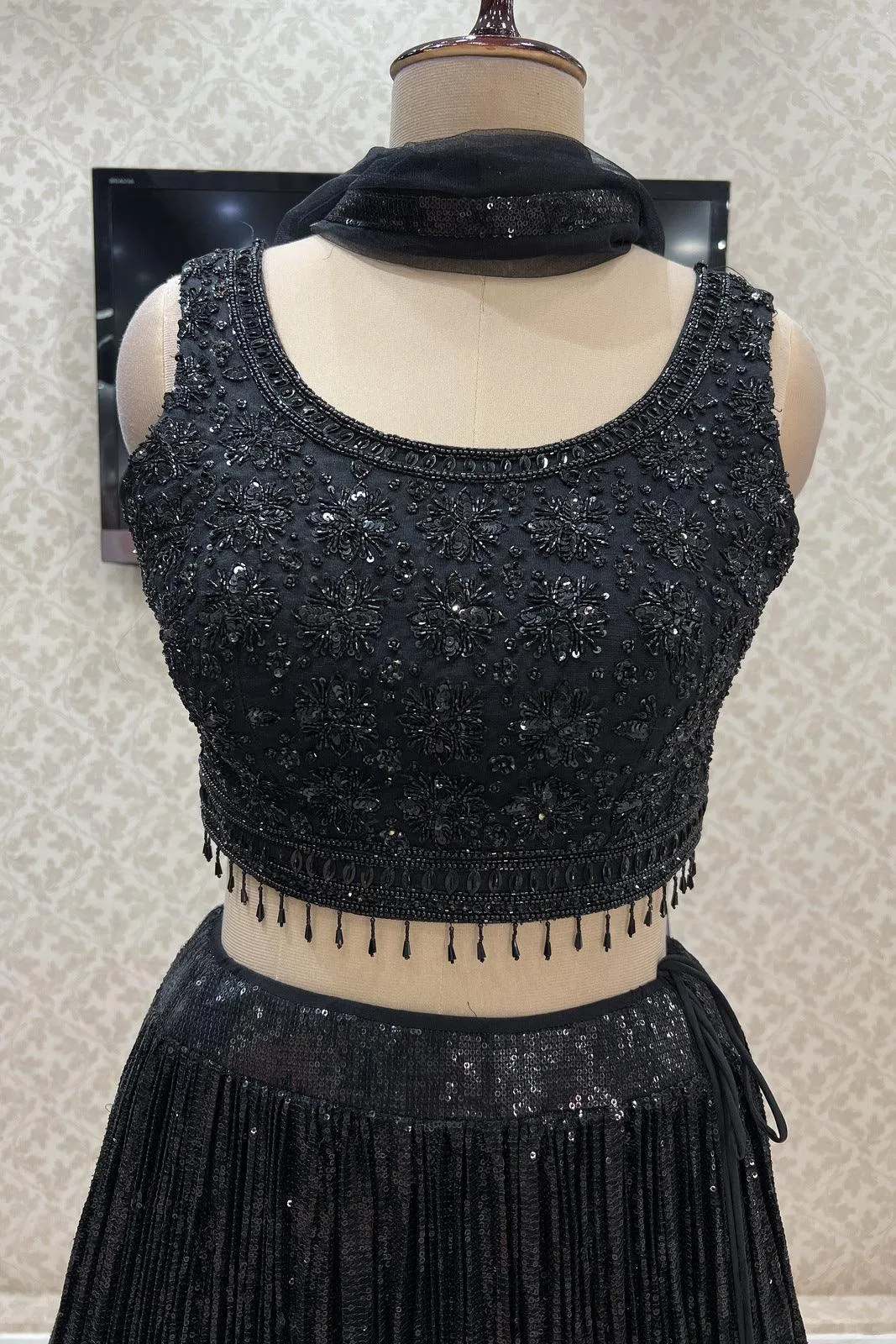 Black Beads and Sequins work Crop Top Lehenga