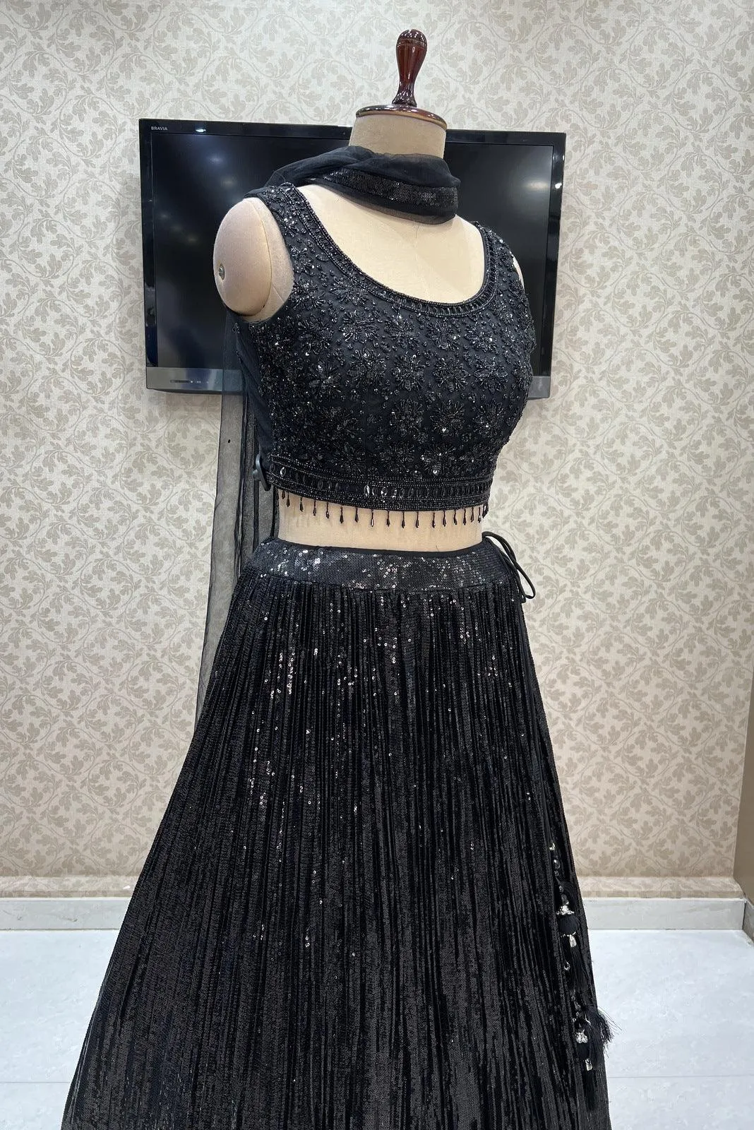 Black Beads and Sequins work Crop Top Lehenga