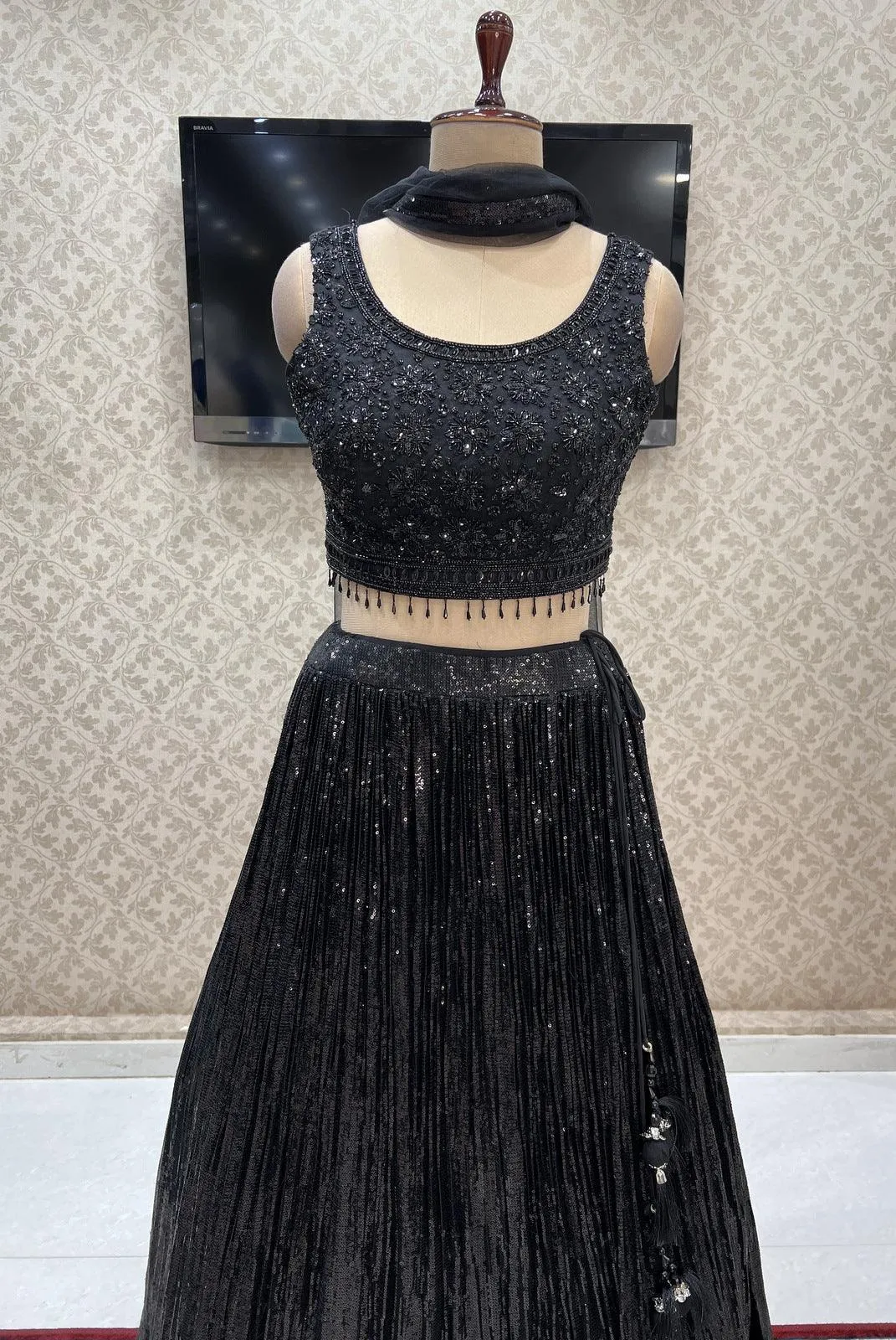 Black Beads and Sequins work Crop Top Lehenga