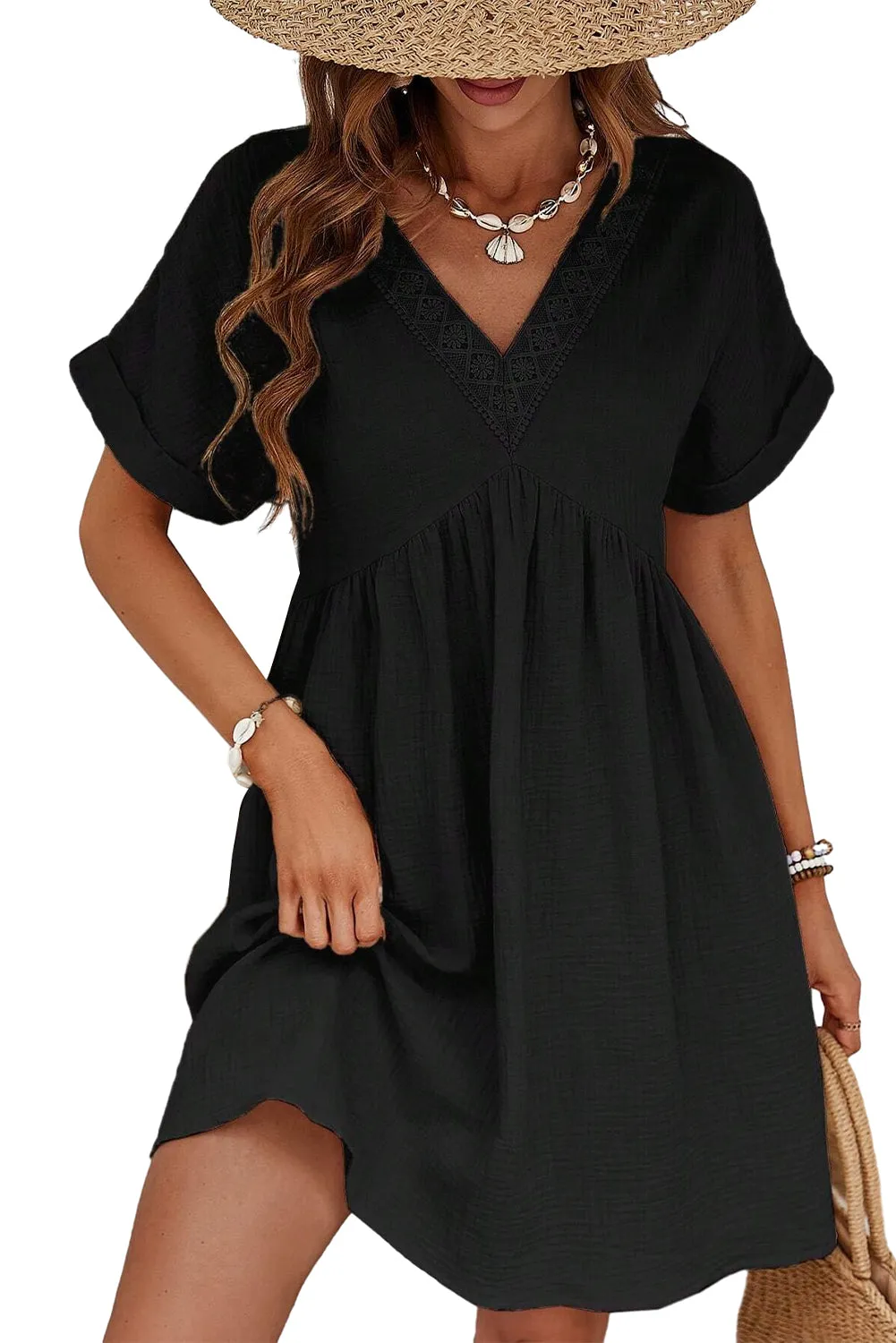 Black Folded Short Sleeve Lace V Neck Mini Dress